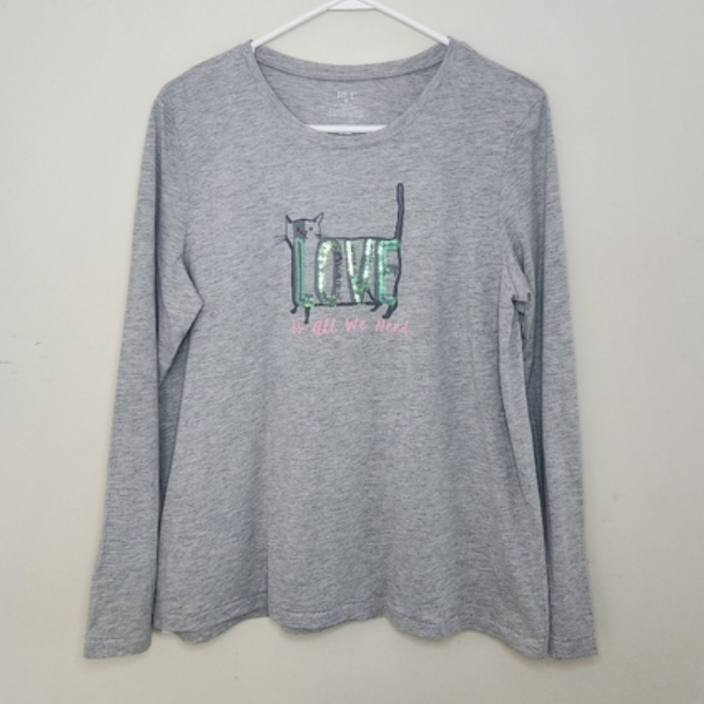 HUE Gray Long Sleeve Tee with Green Sequin "LOVE" and Pink Script